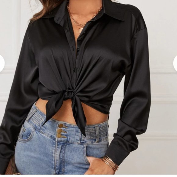 Black Satin Button Up Blouse - Picture 3 of 4